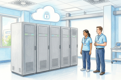 Hand-drawn illustration of hospital IT staff beside server cabinets with a cloud and padlock