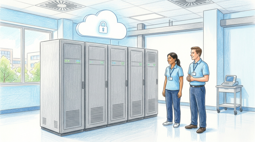 Hand-drawn illustration of hospital IT staff beside server cabinets with a cloud and padlock