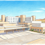 Hand-drawn illustration of a large academic medical center campus with an empty ambulance bay