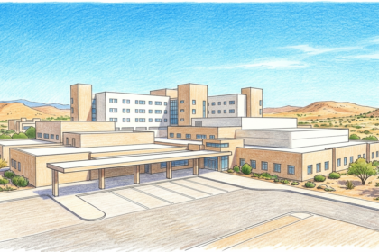 Hand-drawn illustration of a large academic medical center campus with an empty ambulance bay