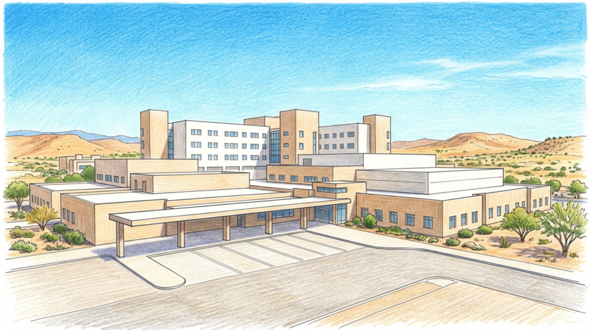 Hand-drawn illustration of a large academic medical center campus with an empty ambulance bay