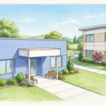 Hand-drawn illustration of two small medical practice buildings in a suburban setting