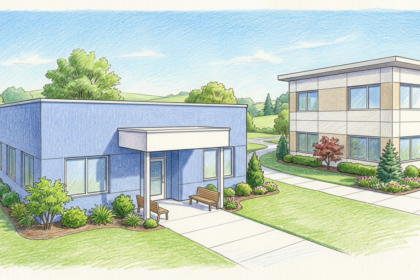 Hand-drawn illustration of two small medical practice buildings in a suburban setting