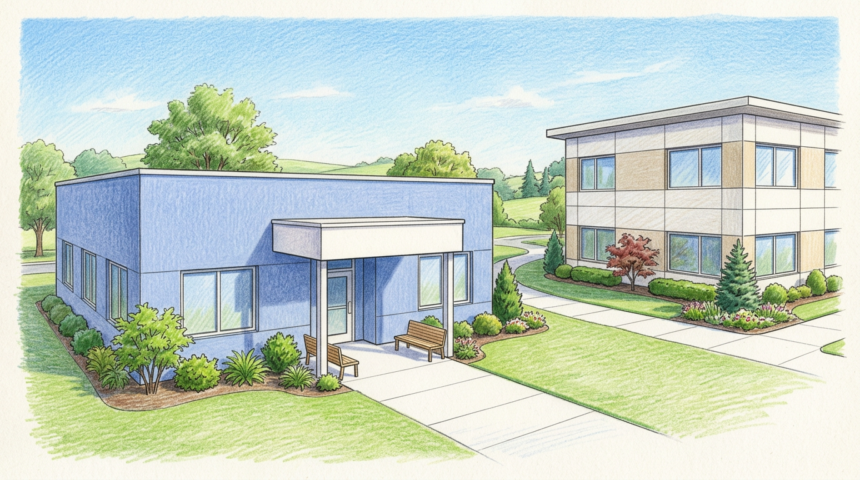 Hand-drawn illustration of two small medical practice buildings in a suburban setting