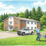 Hand-drawn illustration of technicians carrying equipment to a rural community hospital