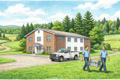 Hand-drawn illustration of technicians carrying equipment to a rural community hospital