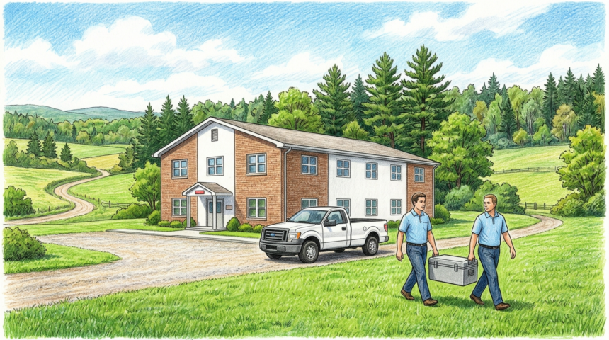 Hand-drawn illustration of technicians carrying equipment to a rural community hospital