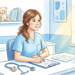 Nurse in light blue scrubs at a bright pediatric clinic desk