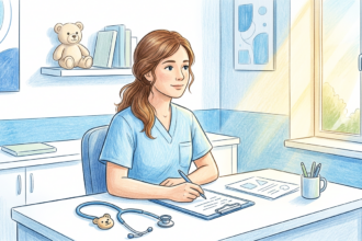 Nurse in light blue scrubs at a bright pediatric clinic desk