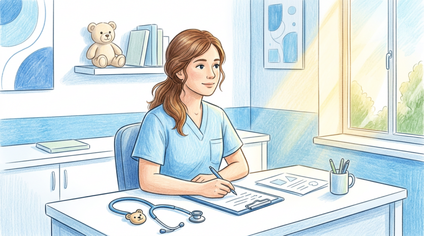 Nurse in light blue scrubs at a bright pediatric clinic desk