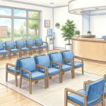 Community health center waiting room with rows of blue chairs