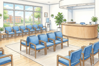 Community health center waiting room with rows of blue chairs