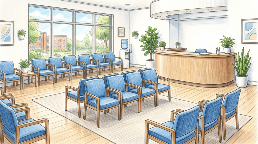 Community health center waiting room with rows of blue chairs