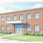 Small rural Arkansas community hospital exterior with lawn