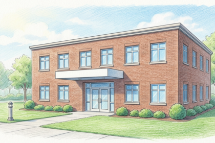 Small rural Arkansas community hospital exterior with lawn