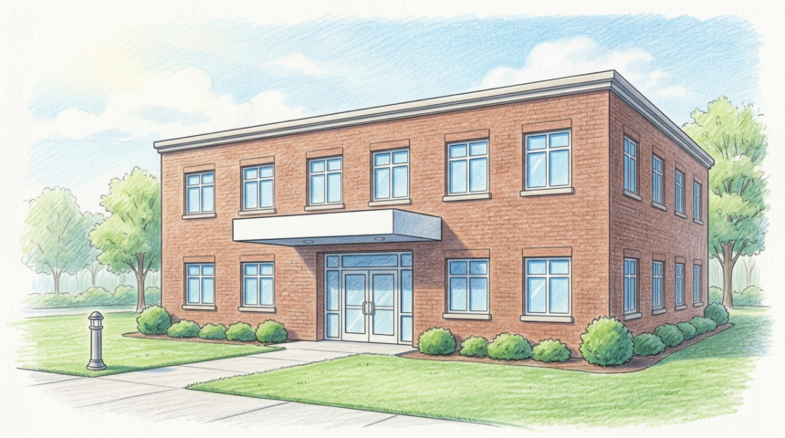 Small rural Arkansas community hospital exterior with lawn